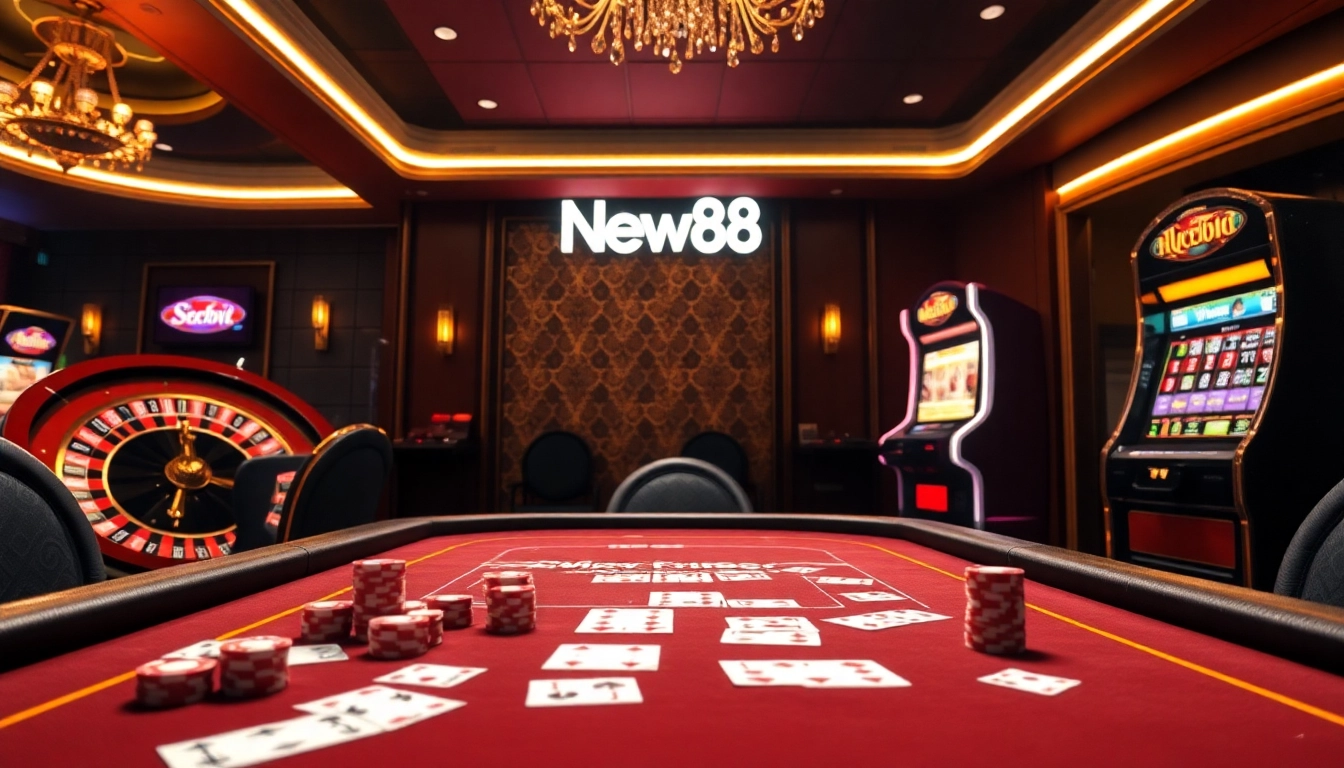 Experience the thrill of gaming at https://vnew88.vip/, featuring a vibrant casino scene filled with poker chips and roulette.