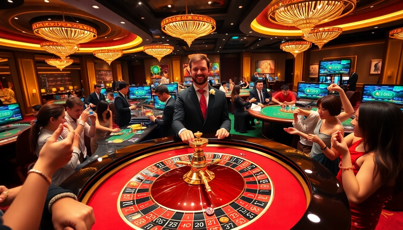 Players enjoy an exciting roulette game at FC88's luxurious casino, celebrating wins with colorful chips.