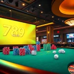 Experience the excitement of 789club at a luxurious casino table with vibrant poker chips and roulette.