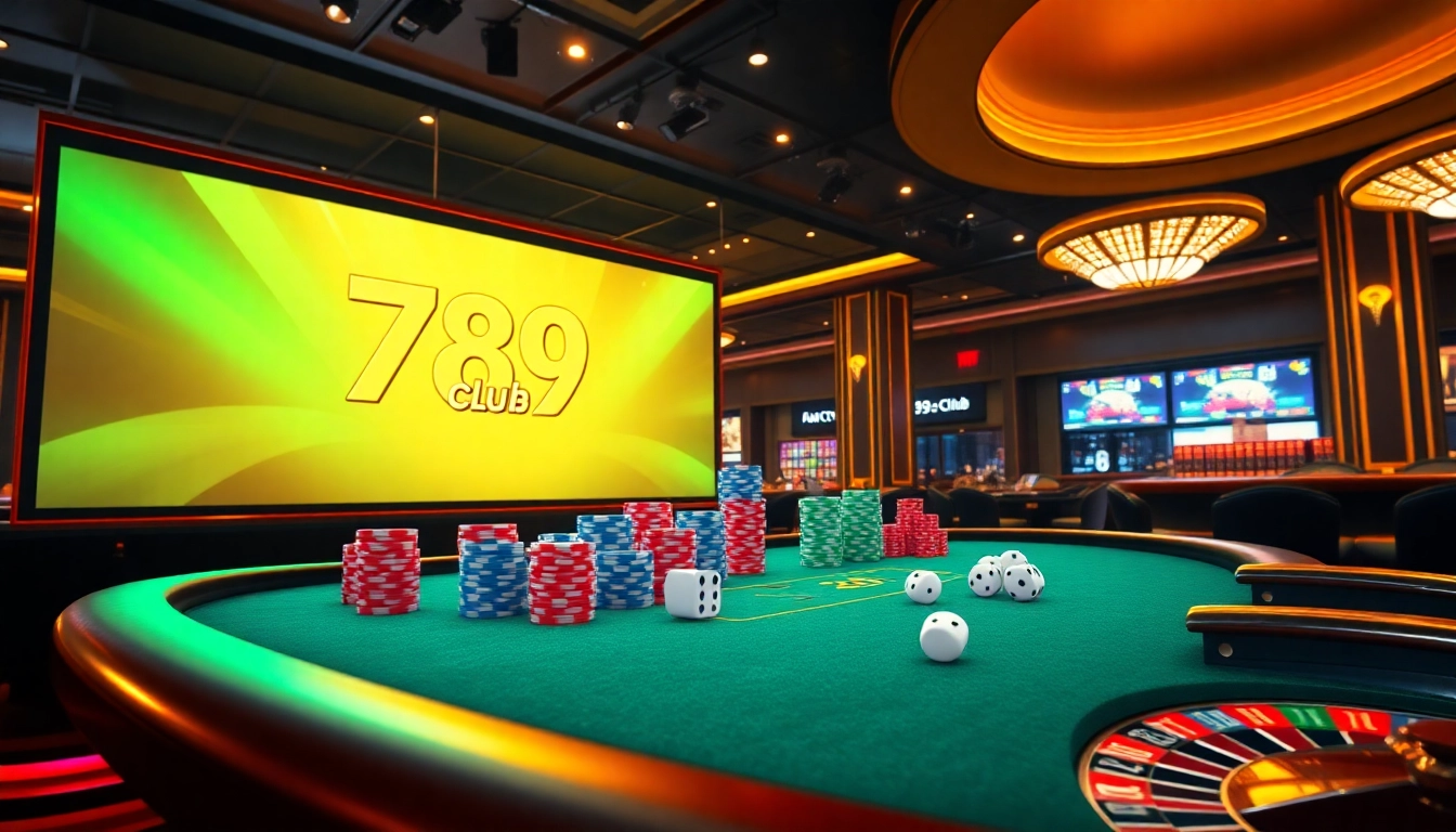 Experience the excitement of 789club at a luxurious casino table with vibrant poker chips and roulette.