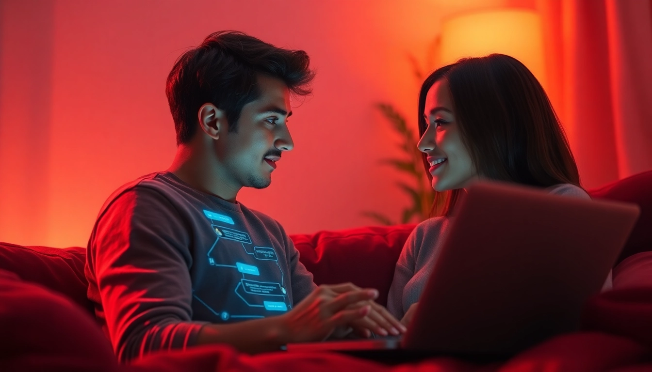 Engaging in ai sex chat with a sophisticated AI chatbot in a cozy, intimate setting.