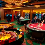 WINBET gaming experience in a luxurious casino setting with roulette and poker tables.
