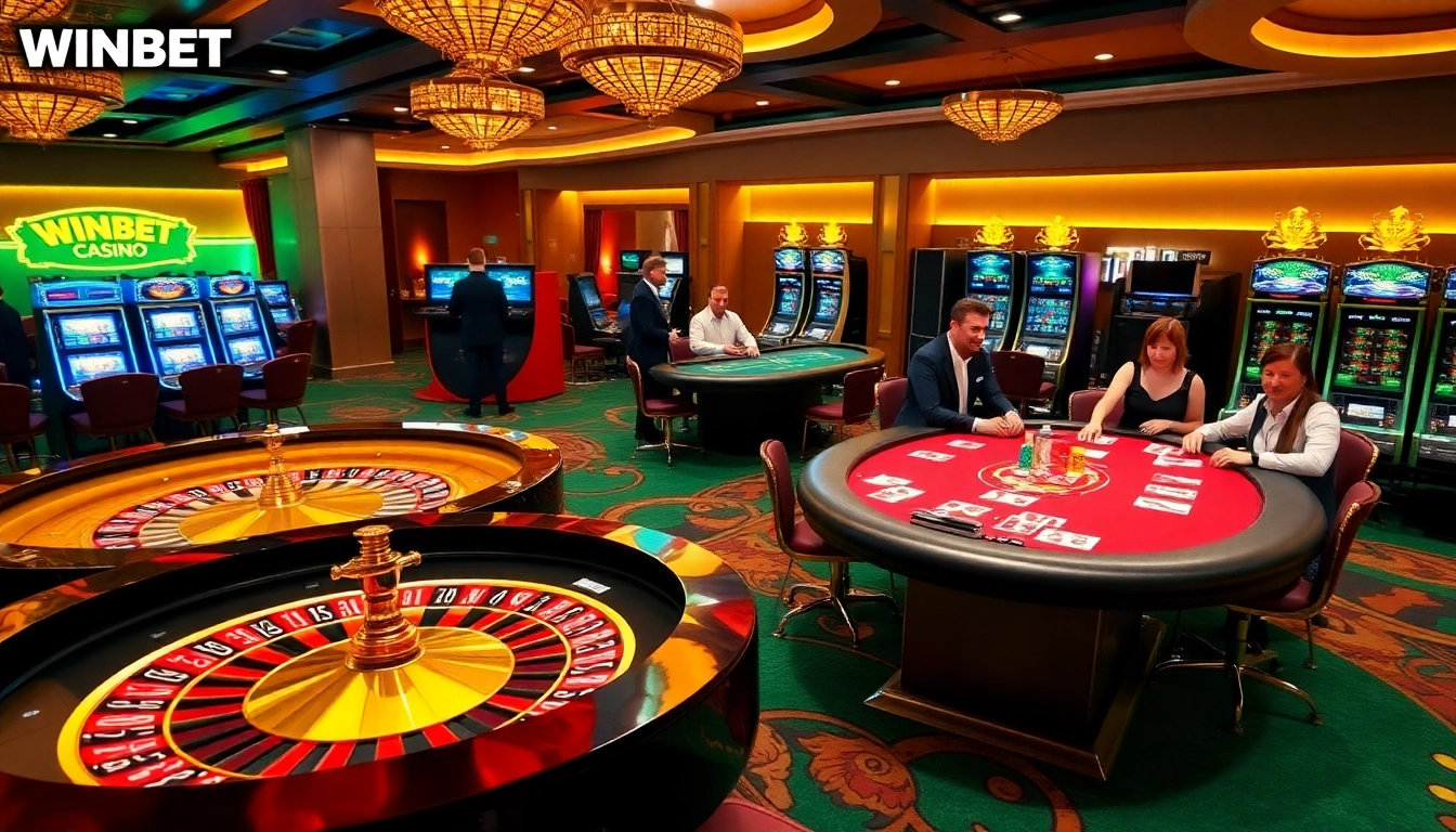 WINBET gaming experience in a luxurious casino setting with roulette and poker tables.