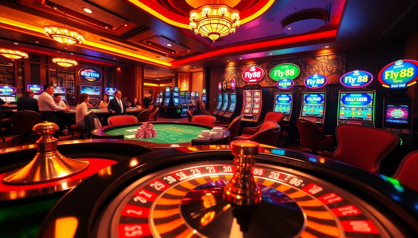 Fly 88 players enjoying a vibrant casino atmosphere with roulette and poker elements.