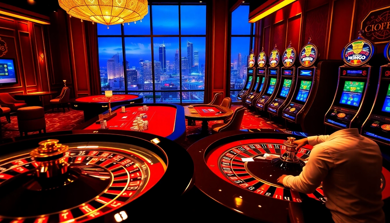 Experience the vibrant excitement of king88 with stunning casino visuals featuring roulette and slot machines.
