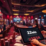 Players enjoying a thrilling game night at 32win casino with vibrant slot machines and poker tables.