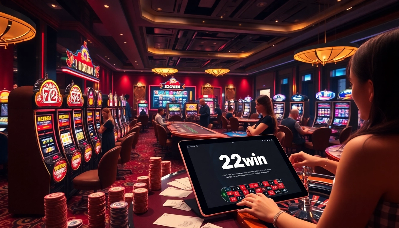 Players enjoying a thrilling game night at 32win casino with vibrant slot machines and poker tables.