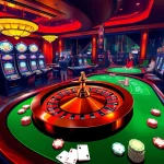 Experience the thrill of gambling with fun79 at a lively casino table filled with poker chips and cards.