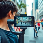 Smartphone-Gimbal stabilizing footage of a street performance in a vibrant urban setting