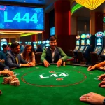 L444 poker scene at a casino with professional dealer and vibrant ambiance.
