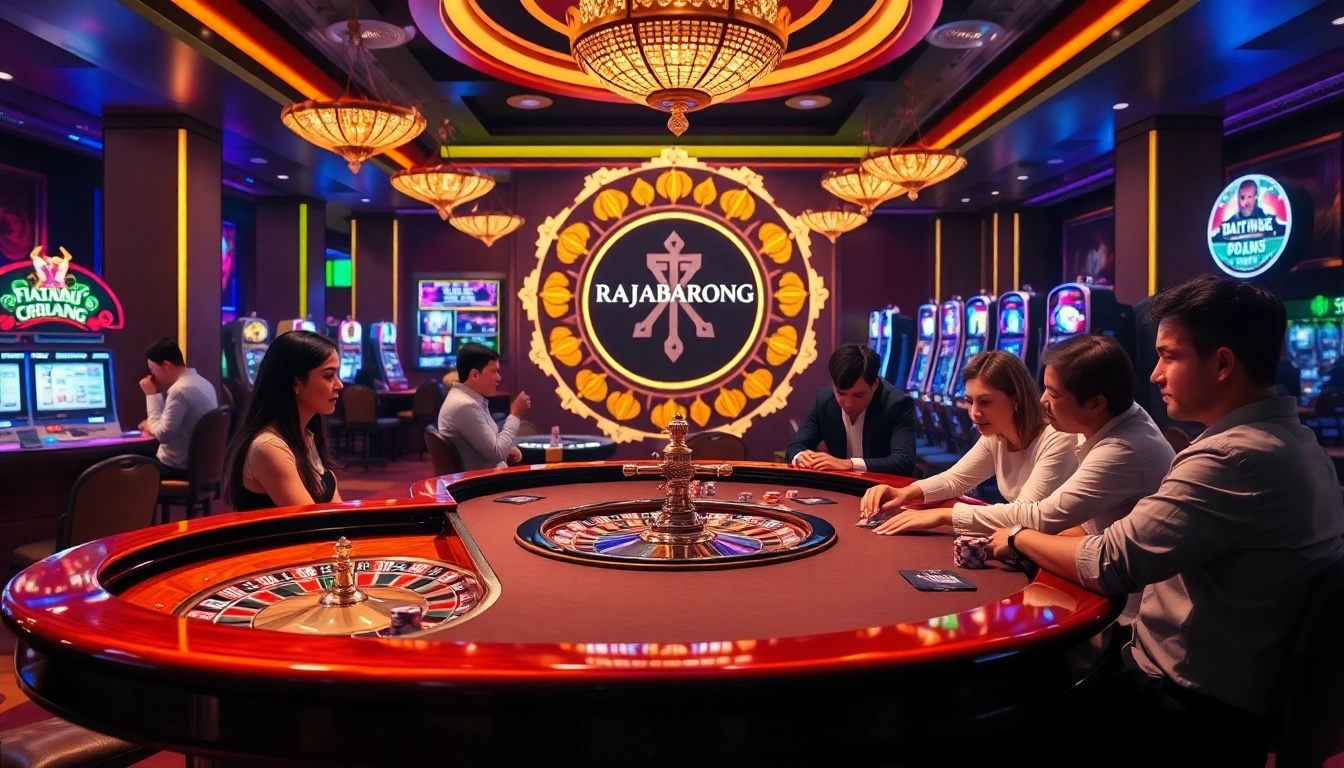 Experience excitement at RAJABARONG casino with players winning at roulette and slot machines.