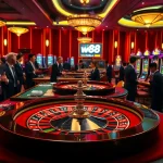 Engage in high-stakes gaming at the vibrant casino highlighting the link to w88 with cards and roulette.