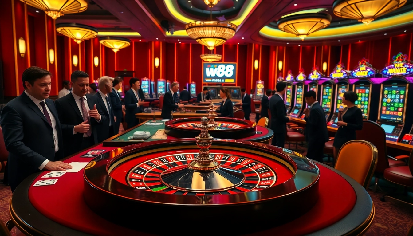 Engage in high-stakes gaming at the vibrant casino highlighting the link to w88 with cards and roulette.