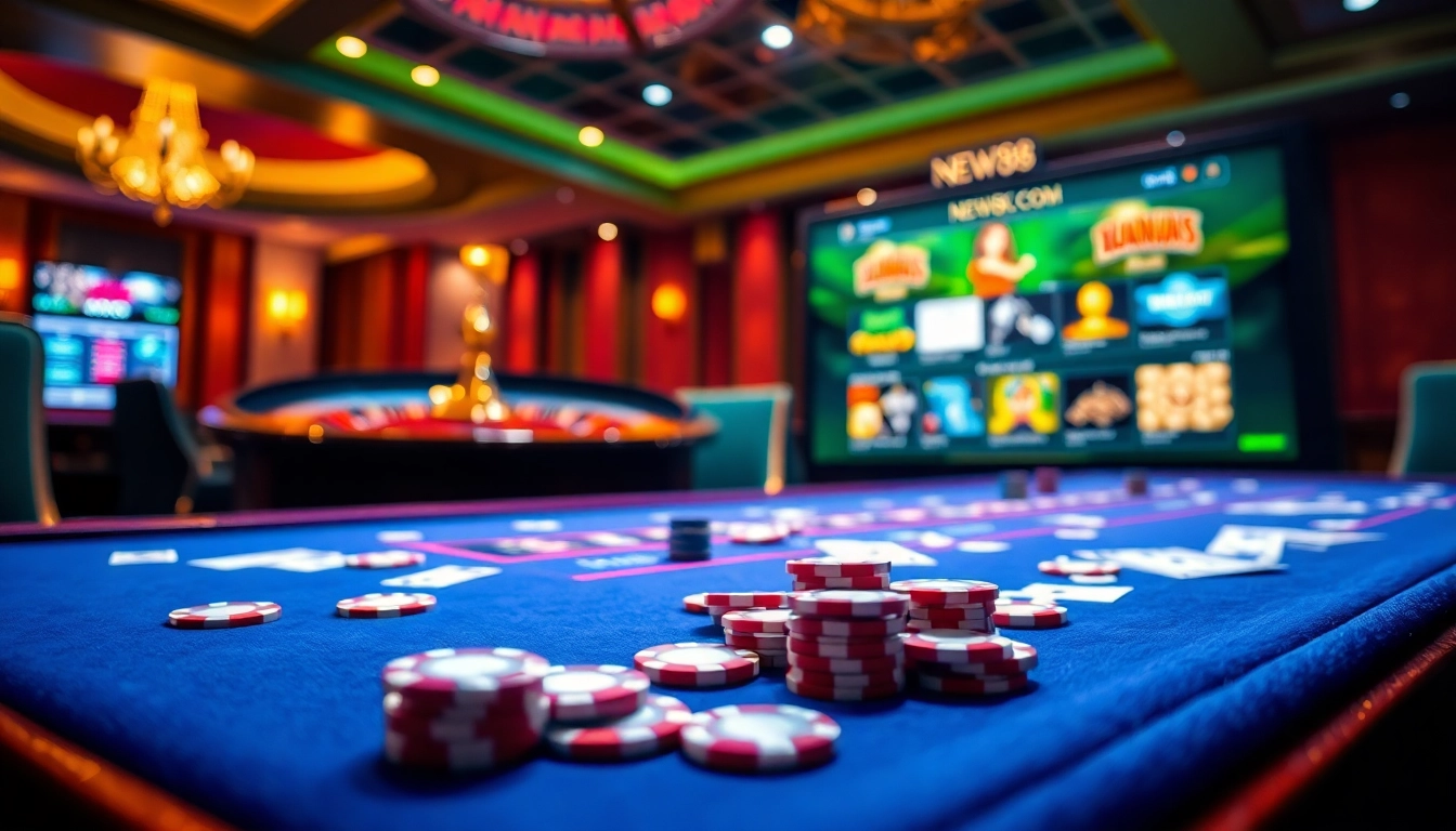 Experience thrilling gaming action at NEW88 com with poker chips and roulette excitement.