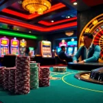 Exciting poker game at thabet casino with luxurious decorations and vibrant slot machines.