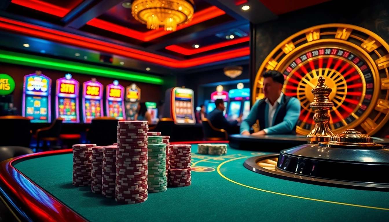 Exciting poker game at thabet casino with luxurious decorations and vibrant slot machines.