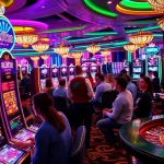Gamblers playing on vibrant SLOTS8 slot machines in an exciting casino atmosphere.