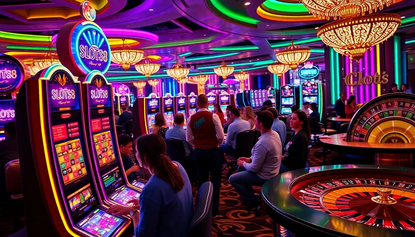 Gamblers playing on vibrant SLOTS8 slot machines in an exciting casino atmosphere.