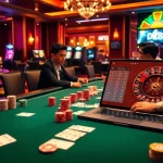 Engaged players with DR88 chips at a vibrant casino table, highlighting luxury and excitement.
