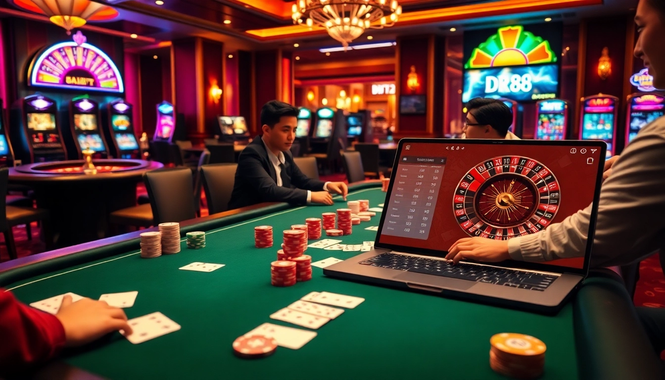 Engaged players with DR88 chips at a vibrant casino table, highlighting luxury and excitement.