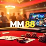 MM 88 logo shines at a vibrant poker table filled with chips and cards, depicting the thrill of online gambling.