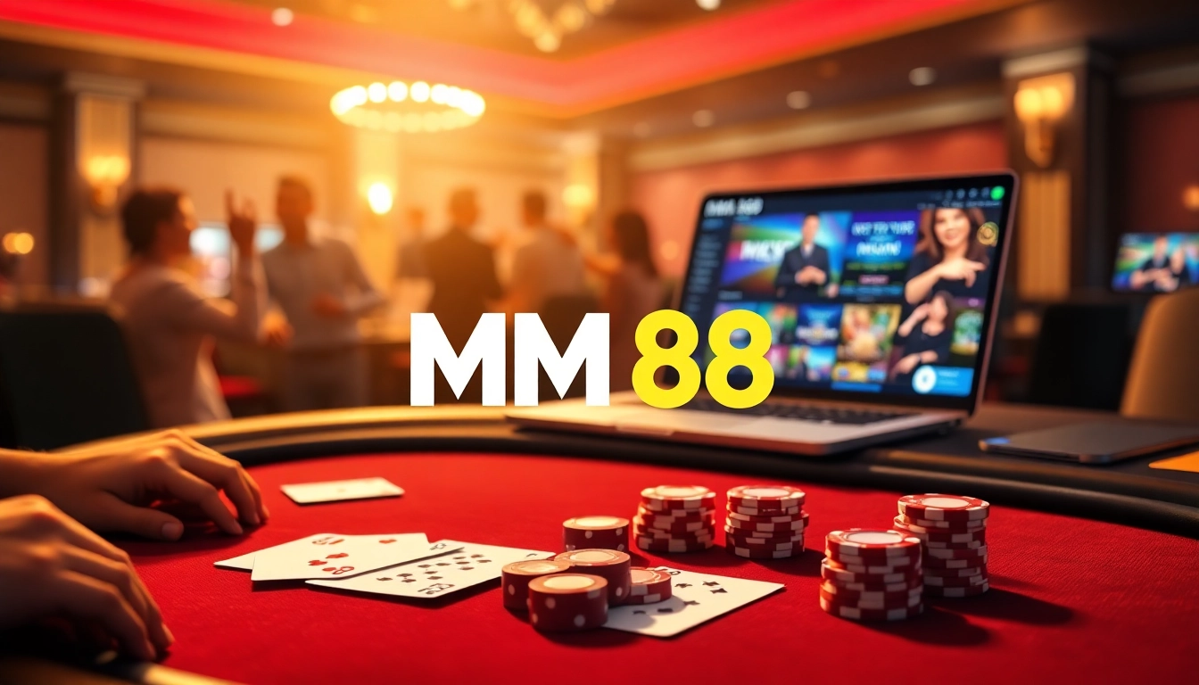 MM 88 logo shines at a vibrant poker table filled with chips and cards, depicting the thrill of online gambling.