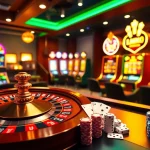 Engaging scene of players enjoying MMOO online gambling with roulette, poker chips, and colorful slot machines.