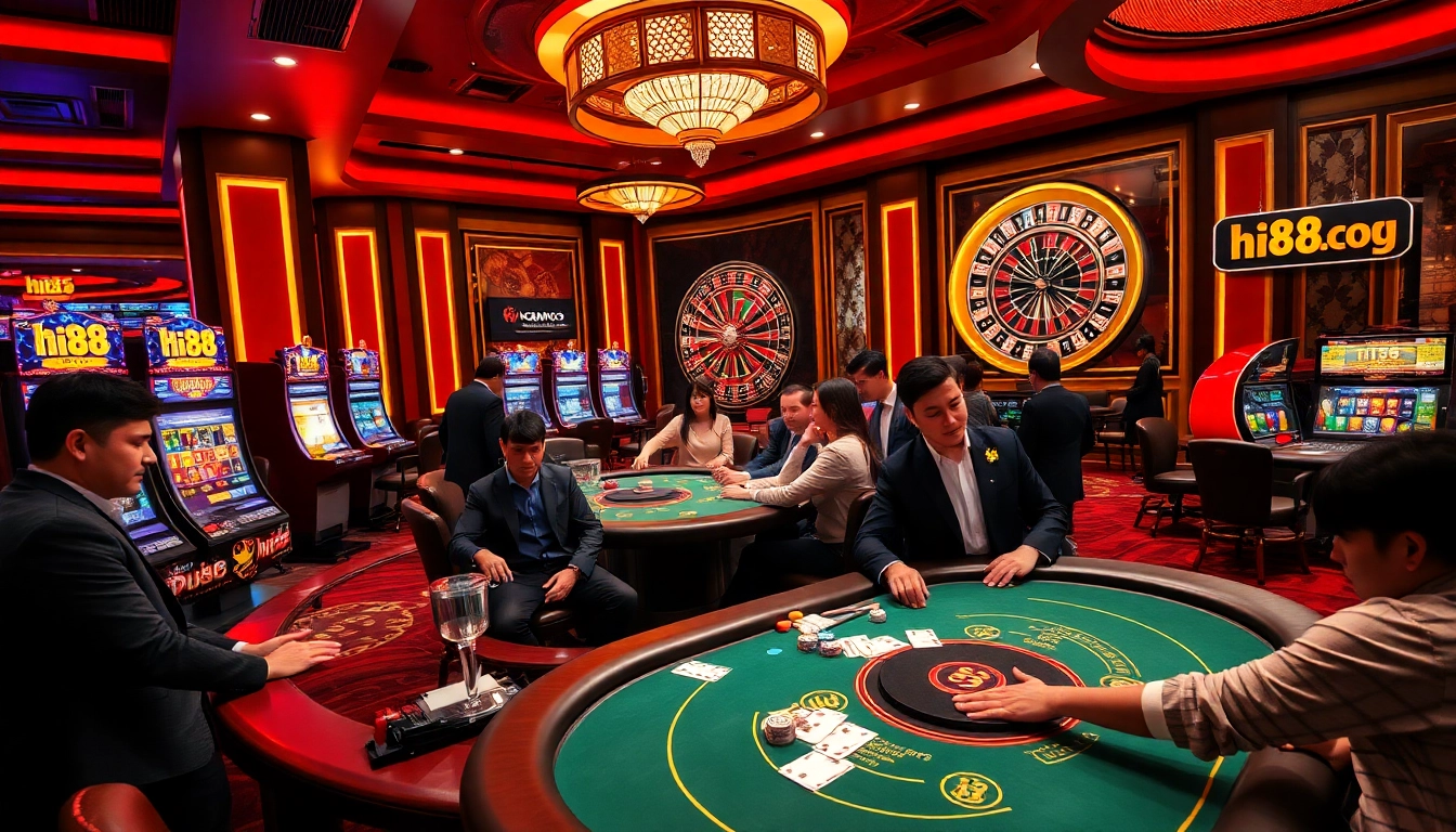 Experience thrilling gambling at Hi88 with vibrant poker tables, slot machines, and roulette wheels.