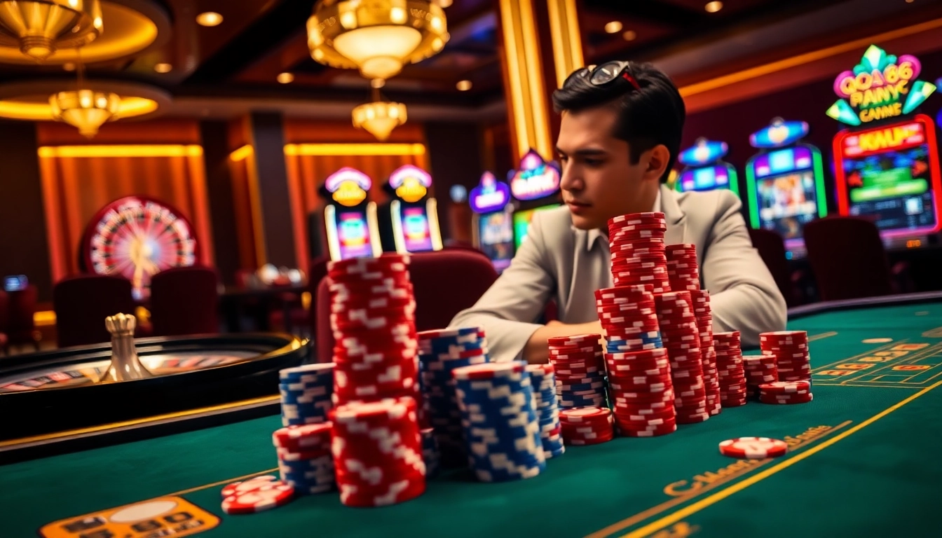 Engaging gameplay experience at QQ88 COM casino with poker chips and roulette wheel.