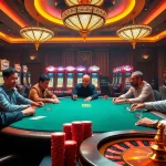 Engaged players at Nhà Cái BJ888 poker table in a luxurious casino setting, showcasing excitement and strategy.