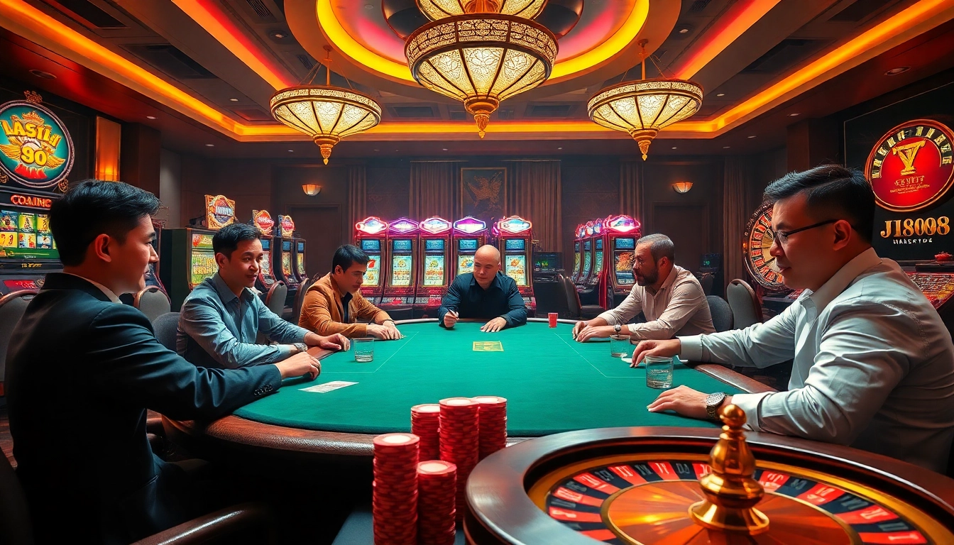 Engaged players at Nhà Cái BJ888 poker table in a luxurious casino setting, showcasing excitement and strategy.