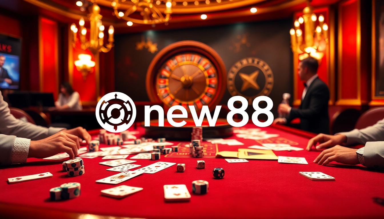 new88 casino table scene showcasing poker chips and a roulette wheel in vibrant colors.
