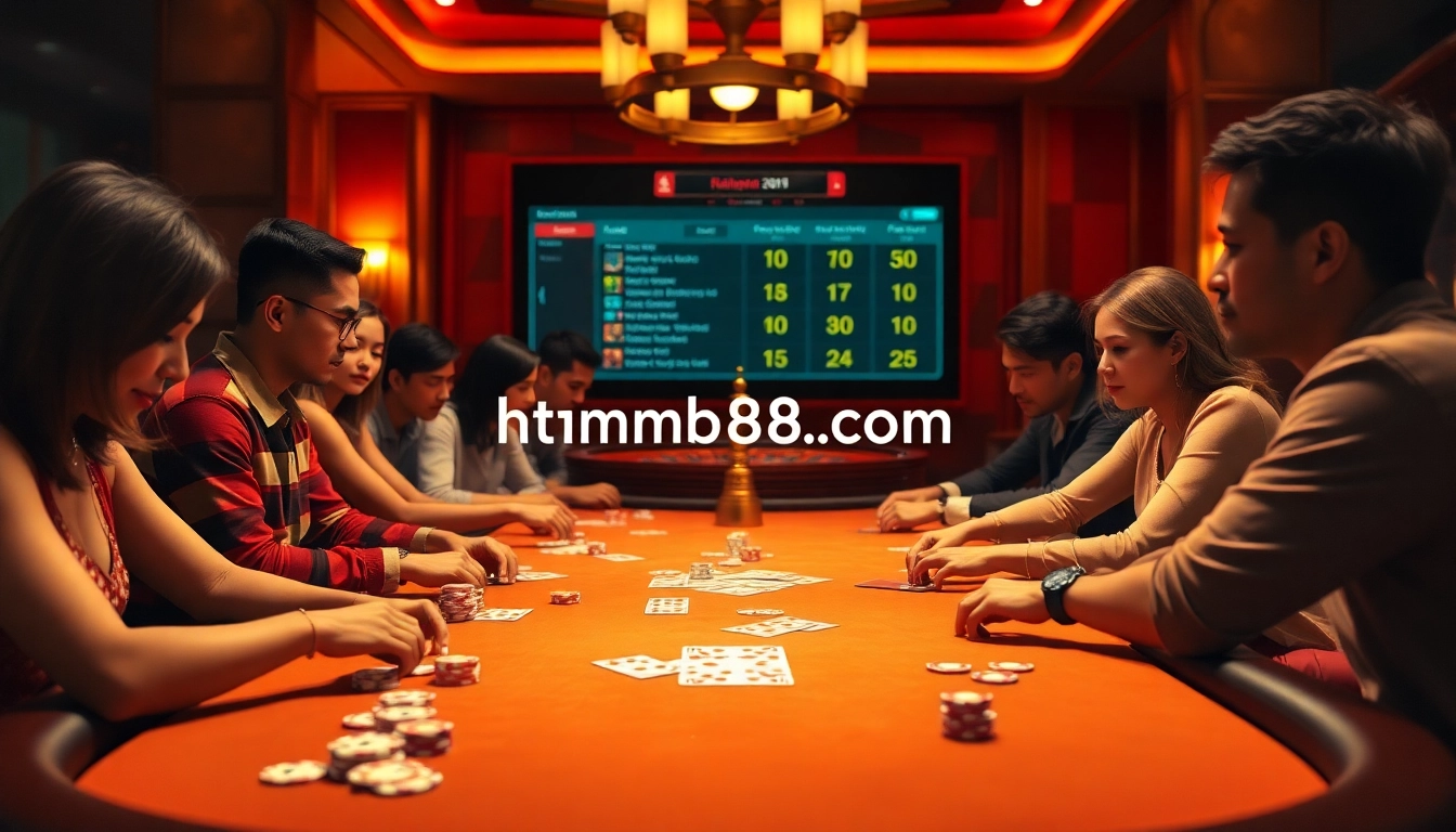 This vibrant casino scene at https://1mm888.com/ showcases excited players engaged in high-stakes poker.