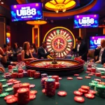 Players enjoying games at UU 88's vibrant casino table with poker chips and cards.