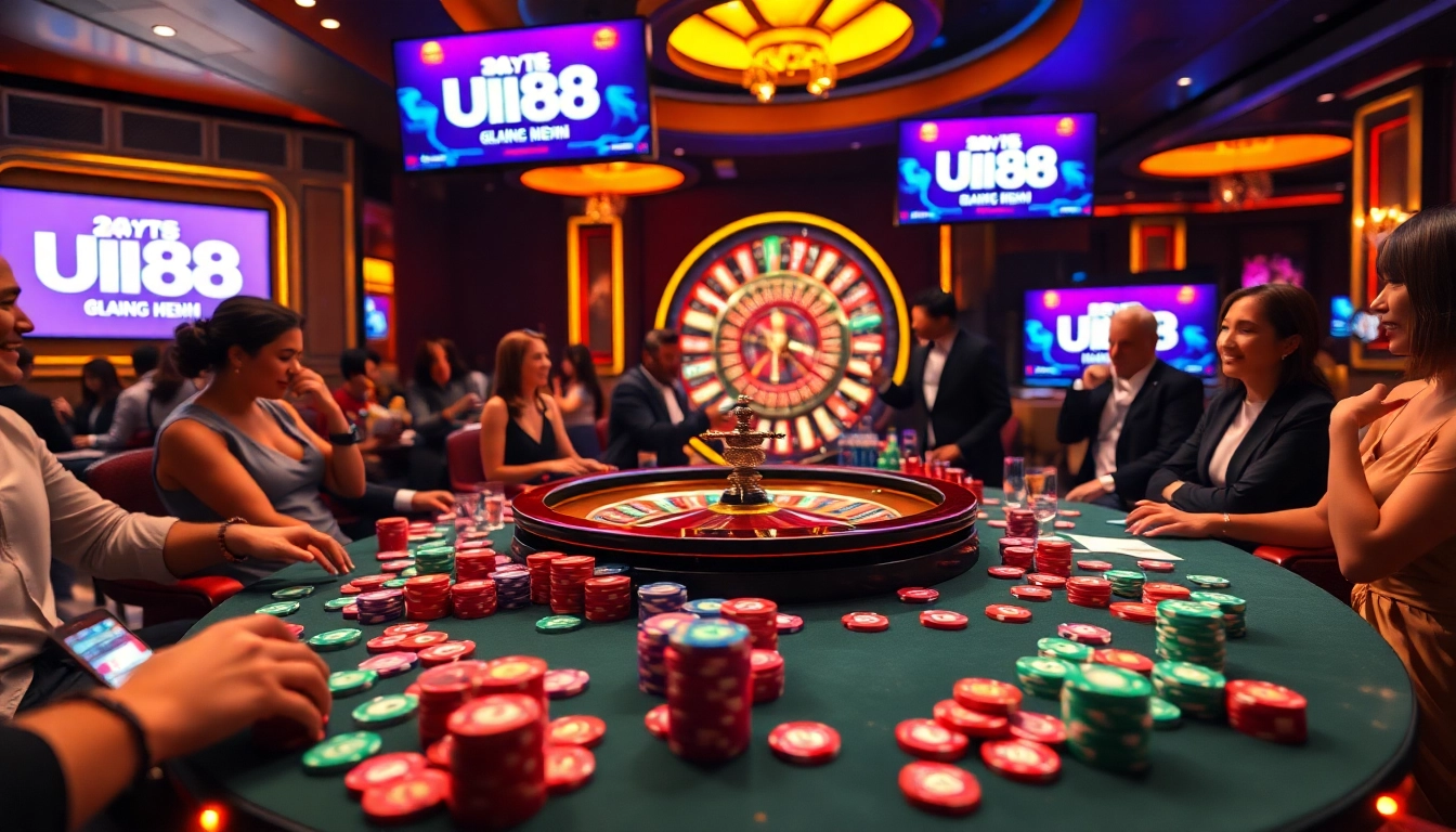 Players enjoying games at UU 88's vibrant casino table with poker chips and cards.