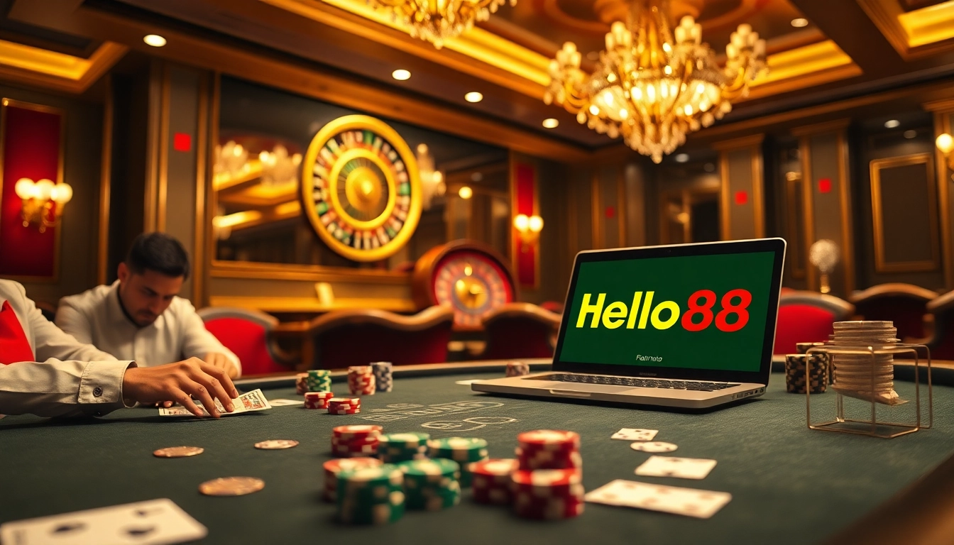 Hello88 casino scene featuring poker chips, playing cards, and a roulette wheel in a luxurious setting.
