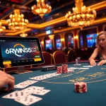 Players enjoying blackjack at a casino with 6RWIN55 COM branding present, showcasing an exciting atmosphere.