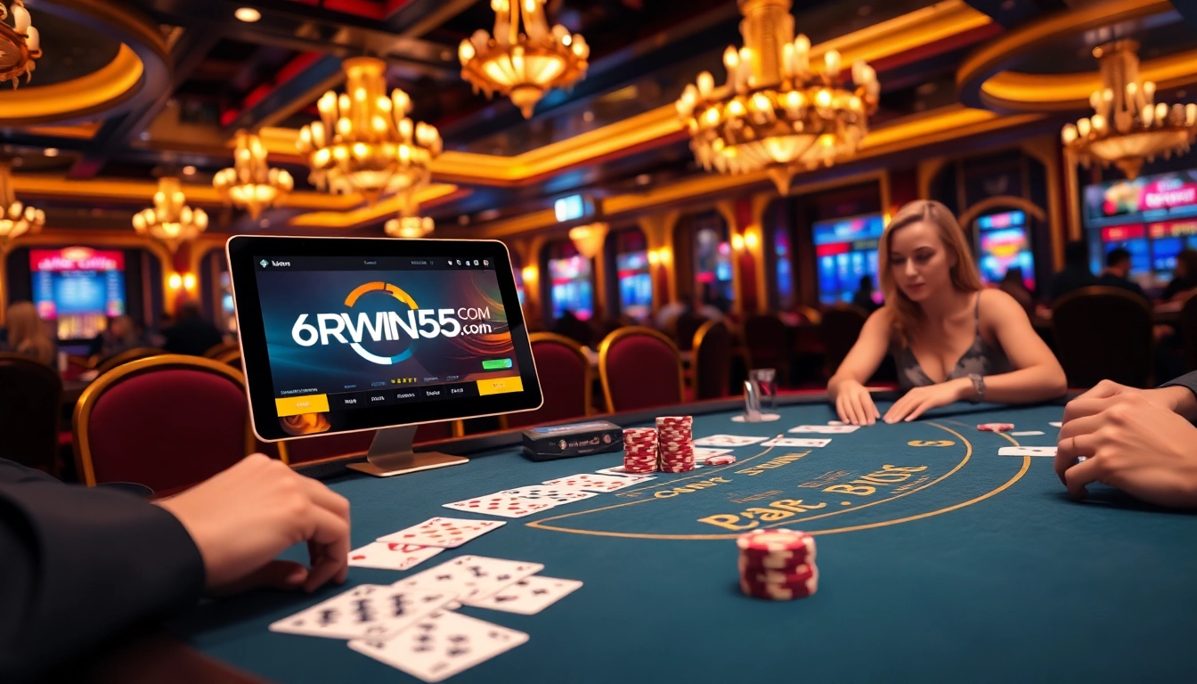 Players enjoying blackjack at a casino with 6RWIN55 COM branding present, showcasing an exciting atmosphere.