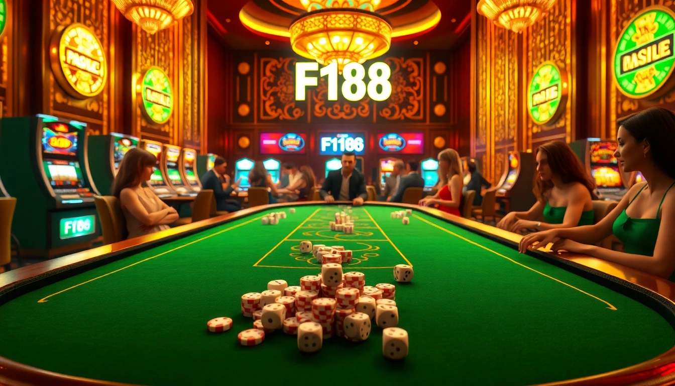Engaged players at F168 casino tables enjoying high-stakes poker and vibrant slot machines.