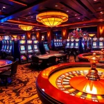 Nổ hũ 8kbet slot machines and poker tables create a vibrant casino atmosphere.