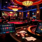 Engage in thrilling gameplay at RR88 cim with a luxurious casino backdrop filled with poker chips and roulette.