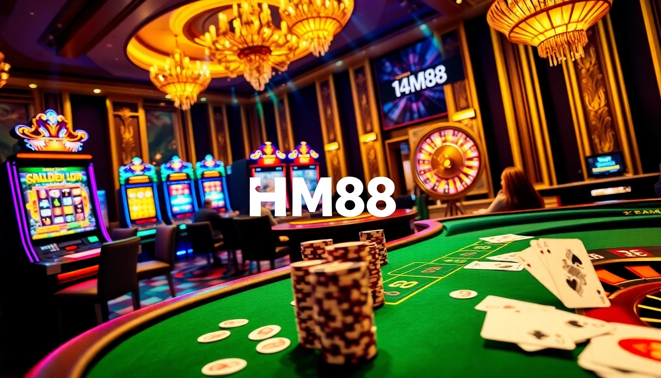HM88 players strategizing at a high-stakes poker table in a vibrant casino.
