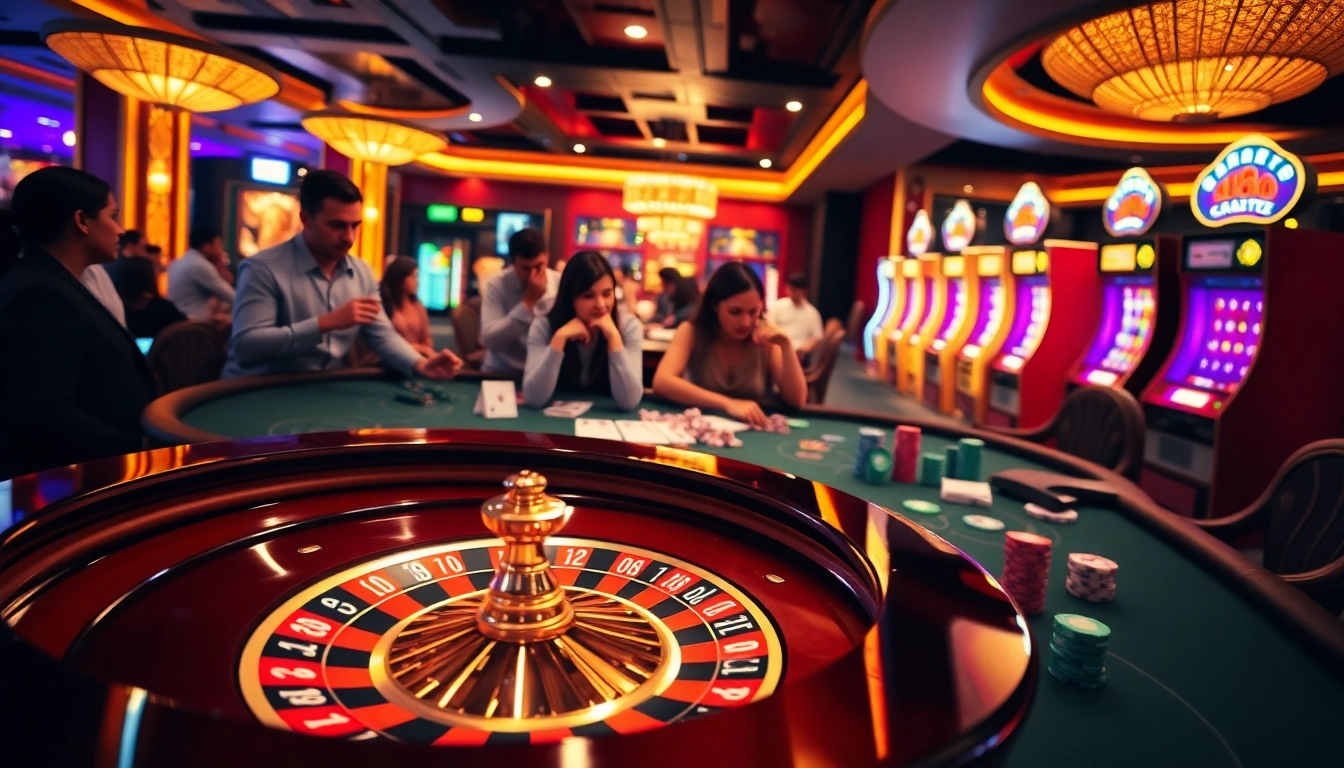 Players enjoying a vibrant casino atmosphere with thabet1 net offerings in a luxurious setting.