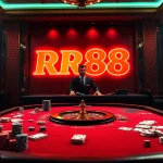 Experience casino excitement with RR88 at high-stakes poker tables, chips, and a thrilling atmosphere.