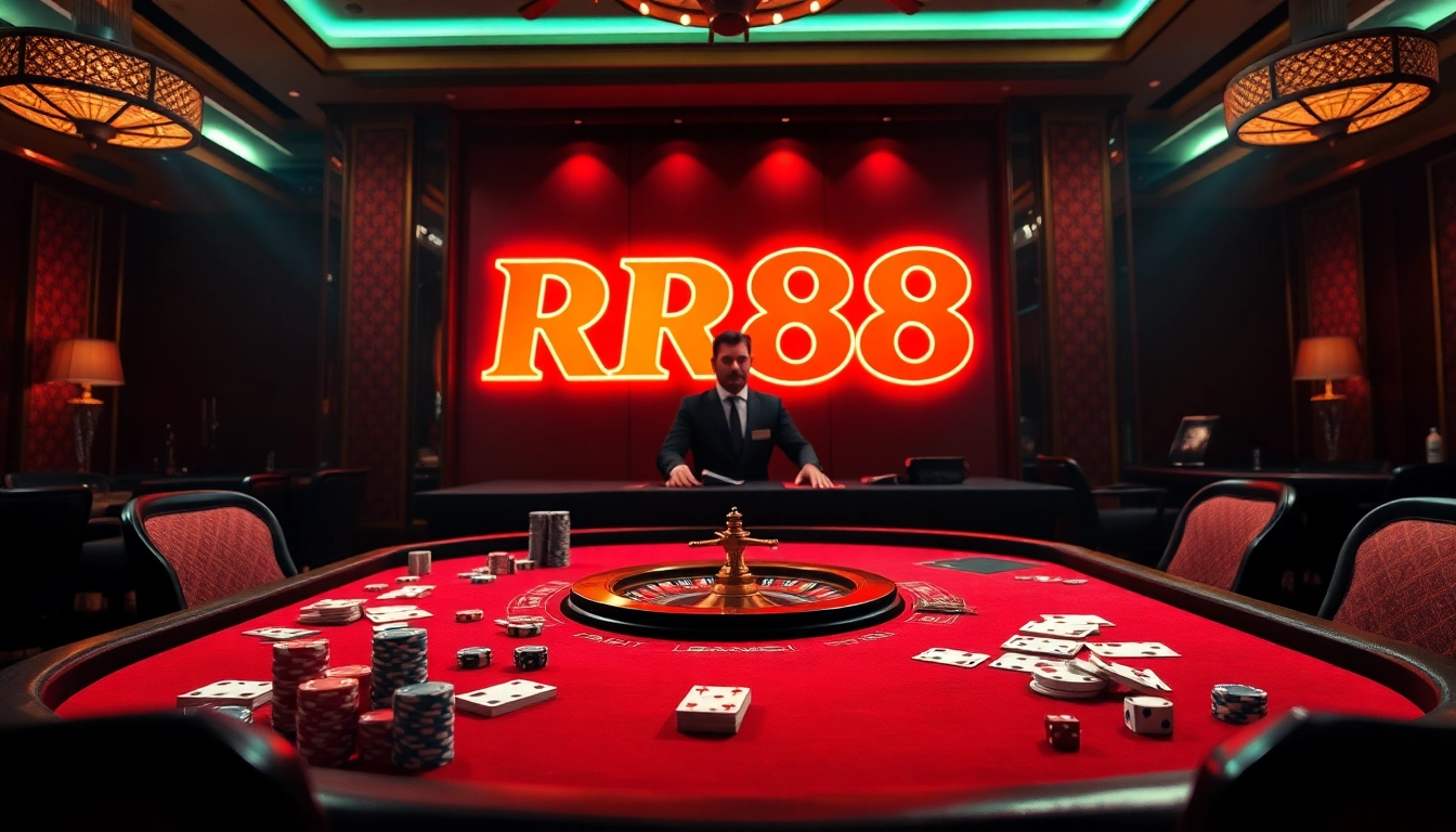 Experience casino excitement with RR88 at high-stakes poker tables, chips, and a thrilling atmosphere.