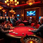 Exciting scene of poker gameplay at a USBET casino table with vibrant slot machines.
