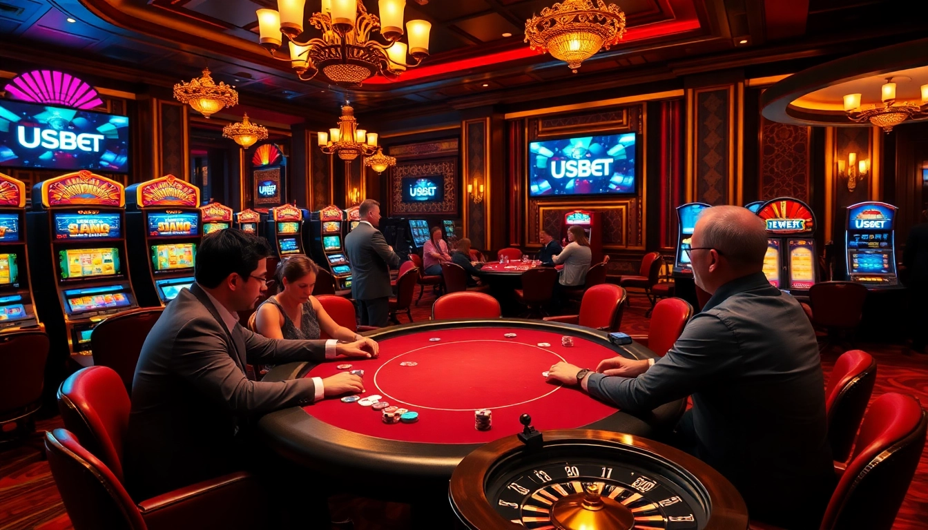 Exciting scene of poker gameplay at a USBET casino table with vibrant slot machines.
