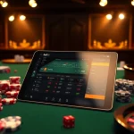 Cảnh sinh động với ứng dụng Bet VIP trên máy tính bảng giữa các yếu tố casino như chip và bánh xe roulette.