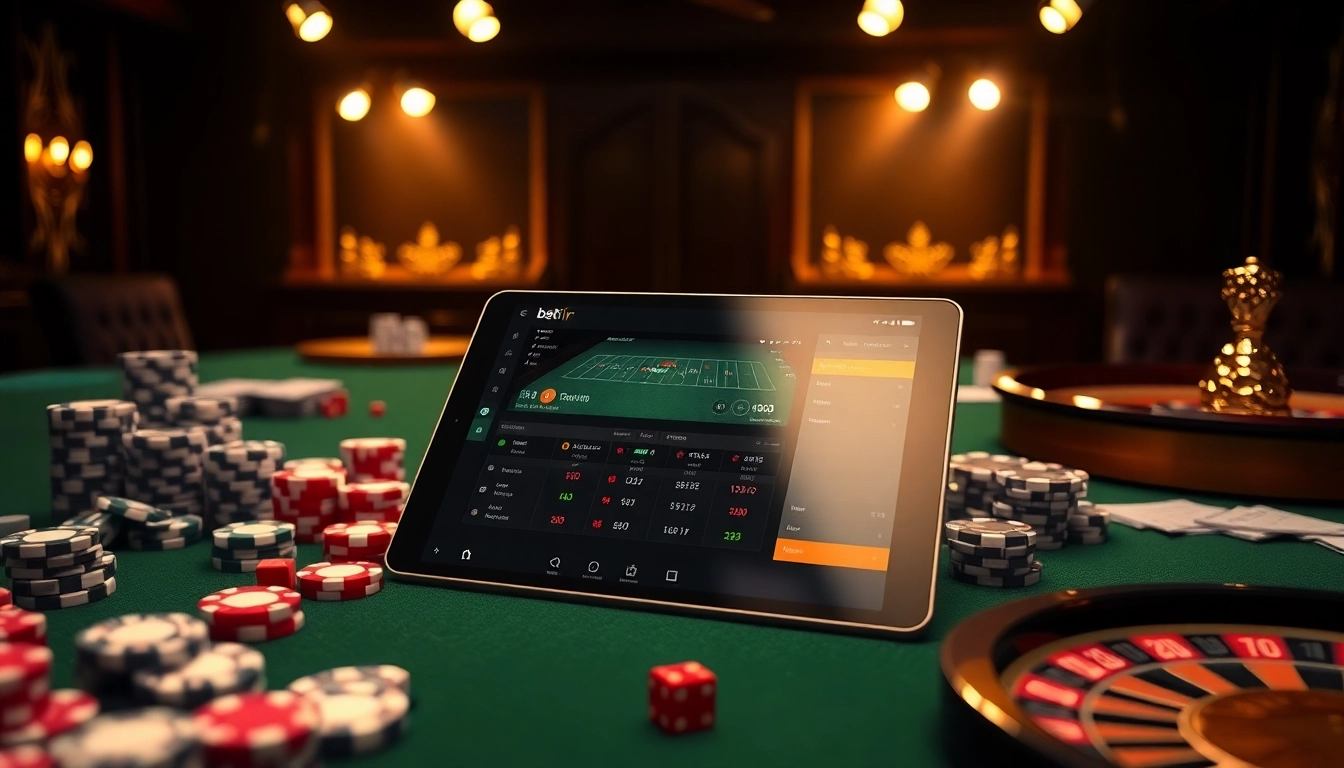 Cảnh sinh động với ứng dụng Bet VIP trên máy tính bảng giữa các yếu tố casino như chip và bánh xe roulette.