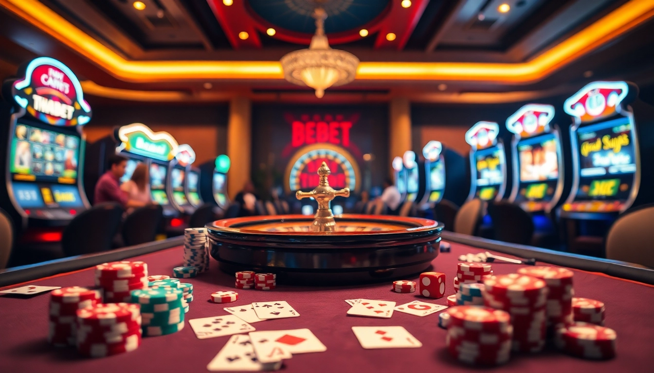 Players engaging at a vibrant casino table with THABET branding.